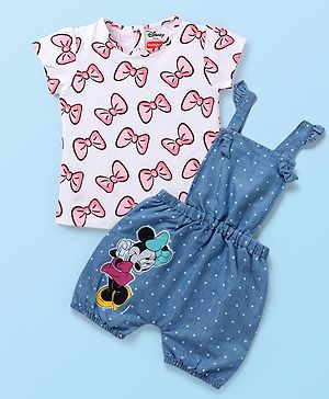 Babyhug Disney Cotton Half Sleeves T-Shirt with Dungaree  Minnie Mouse Print - Multicolour