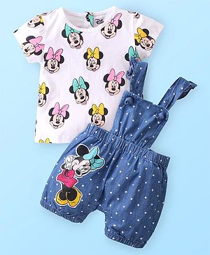 Babyhug Disney Cotton Half Sleeves T-Shirt with Dungaree  Minnie Mouse Print - Multicolour