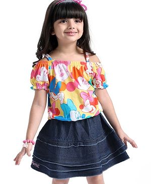 Babyhug Disney Single Jersey Knit Half Sleeves Top And Denim Skirt With Minnie Mouse Print - Multicolor