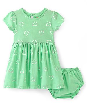 Babyhug Single Jersey Knit Half Sleeves Frock & Bloomer With Hearts Print - Sea Green
