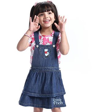 Babyhug Disney Single Jersey Knit Layered Frock with Half Sleeves T-Shirt Winnie The Pooh Print - Blue White & Pink