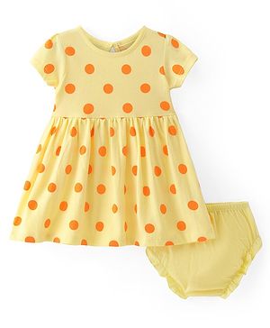 Babyhug Cotton Knit Half Sleeves Frock & Bloomer With Polka Dots Print - Yellow