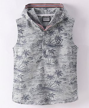 Rikidoos Sleeveless  Tree Printed Hooded Shirt - Grey