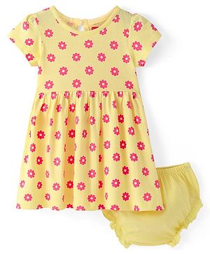 Babyhug Cotton Knit Half Sleeves Frock with Bloomer Floral Print - Multicolour