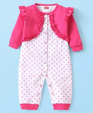 Babyhug 100% Cotton Knit Full Sleeves
                              Romper With Polka Dot Print - Pink