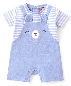 Babyhug 100% Cotton Knit Interlock Half Sleeves Romper With Teddy Print - Blue