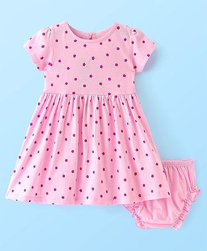 Babyhug Single Jersey Knit Half Sleeves Frock with Bloomer Star Print- Pink