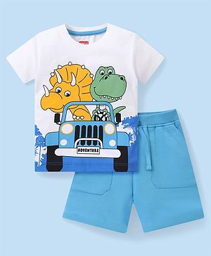 Babyhug Cotton Knit Half Sleeves Dino Printed T-Shirt & Solid Colour Short Set - White & Blue