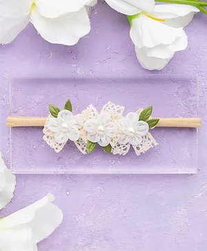 Knotty Ribbons  Floral & Lace Detailed  Headband - White