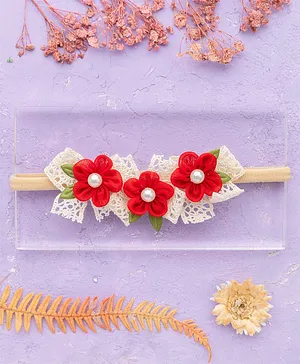 Knotty Ribbons  Floral & Lace Detailed  Headband - Red