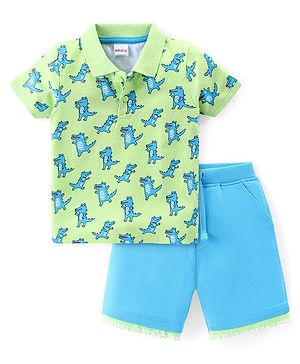 Babyhug Cotton Knit Half Sleeves Polo T-Shirt & Shorts Set With Dancing Croc Print - Green & Blue