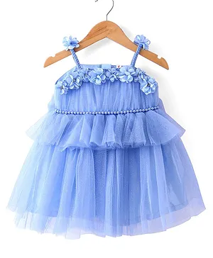 Babyhug Woven Sleeveless Shimmered Ruffled Party Frock with Floral Applique -  Blue