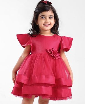 Babyhug Woven Half Sleeves Fit and Flare Party Frock With Floral Corsage- Dark Pink