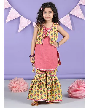 Kinder Kids Sleeveless Floral Printed & Gota Lace Embellished Coordinating Kurta Sharara With Jacket - Yellow & Peach