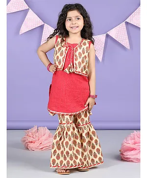Kinder Kids Sleeveless Floral Printed & Gota Lace Embellished Coordinating Kurta Sharara With Jacket -  Red