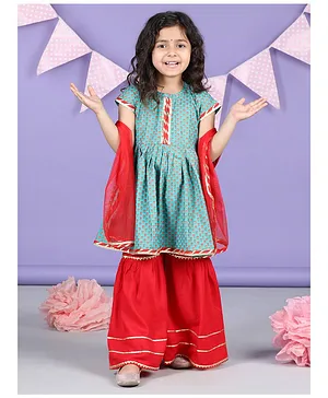 Kinder Kids Half Sleeves Floral Motif Printed & Gota Lace Embellished Coordinating Kurta Sharara  With Dupatta - Blue & Red