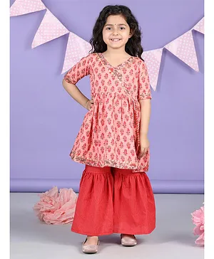 Kinder Kids Half Sleeves Striped & Floral Printed With Gota Lace Embellished Kurta & Sharara - Peach & Red