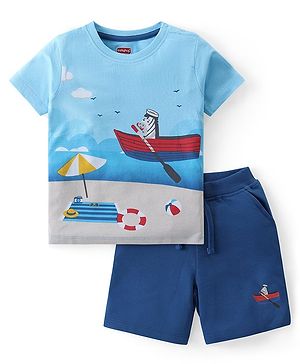 Babyhug Cotton Knit Half Sleeves Boat Printed T-Shirt & Shorts Set - Blue
