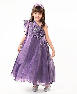 Babyhug Woven One Shoulder Sleeves Fit and Flare Party Gown With Floral Applique- Violet