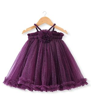 Babyhug Singlet Sleeves Floral Corsage Glittery A-Line Party Frock - Wine