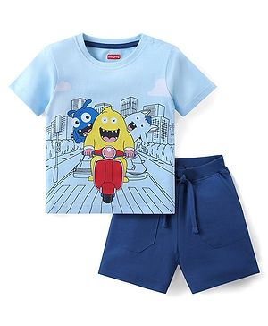 Babyhug Single Jersey Knit Half Sleeves T-Shirt & Shorts Set with Monster Print - Blue