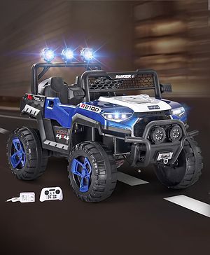 Babyhug RANGER 4X4 Battery Operated Ride On Jeep with Music & LED Lights - Blue| Forward & Reverse Drive| Wide Comfortable Seat| Rechargeable Battery| Remote Control| Pre-loaded Music with USB & AUX| Easy to Assemble| Wide Comfortable Seat| Easy to O Babyhug RANGER 4X4 Battery Operated Ride On Jeep with Music & LED Lights - Blue| Forward & Reverse Drive| Wide Comfortable Seat| Rechargeable Battery| Remote Control| Pre-loaded Music with USB & AUX| Easy to Assemble| Wide Comfortable Seat| Easy to O