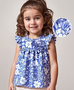 Babyhug Cotton Woven Half Sleeves  Top with Frills Detailing Floral Print - Blue