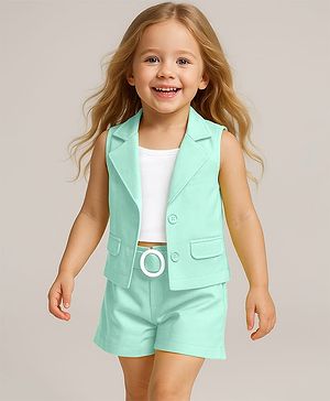 Babyhug Knit Sleeveless Co-Ord Set Solid Color - Mint Blue