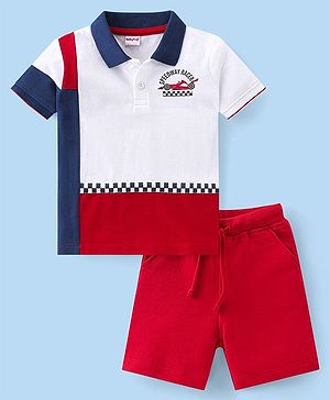 Babyhug Cotton Knit Half Sleeves Polo T-Shirt & Shorts Set With Race Car Print - White & Red