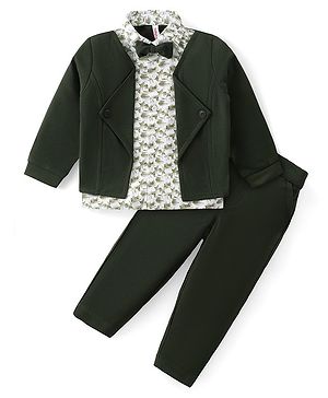 Babyhug Printed Shirt With Full Sleeves Attached Knitted Blazer & Trouser - Olive