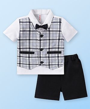Babyhug Half Sleeves Checks Attached Waist Coat Shirt & Shorts Set with Bow  - White & Black
