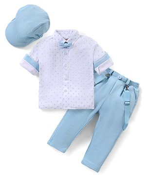 Babyhug Knit Full Sleeves Printed Party Shirt & Trousers with Cap Bow & Suspender - Light Blue