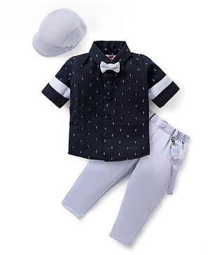 Babyhug Knit Full Sleeves Printed Party Shirt & Trousers with Cap Bow & Suspender - Navy Blue & Grey