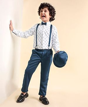 Babyhug Full Sleeves Shirt & Trousers Set With Cap Bow & Suspenders Floral Print - White & Blue