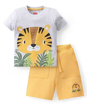 Babyhug Single Jersey Knit Half Sleeves T-Shirt & Shorts Tiger Print - White & Yellow