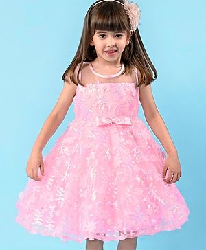 Babyhug Sleeveless Party Frock with Floral Embroidery & Bow Detailing - Pink