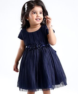 Babyhug Cap Sleeves  Fit & Flare   Party Frock with Floral Applique - Navy Blue