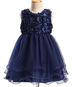 Babyhug Sleeveless Fit & Flare Textured Yoke Party Frock with Floral Applique - Blue