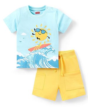 Babyhug Single Jersey Knit Half Sleeves T-Shirt & Shorts Set Surfboard Print - Blue & Yellow