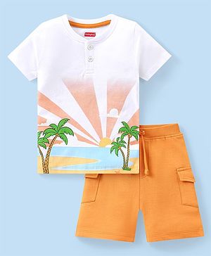 Babyhug Single Jersey Knit Half Sleeves T-Shirt & Shorts Set Beach Print - White & Beige