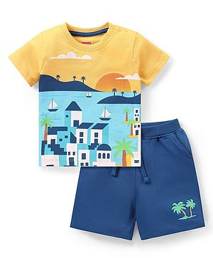 Babyhug Single Jersey Knit Half Sleeves T-Shirt & Shorts Set Boat Print - Multicolor & Blue