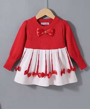 Kookie Kids Full Sleeves Winter Wear Frock With Bow Applique - Red