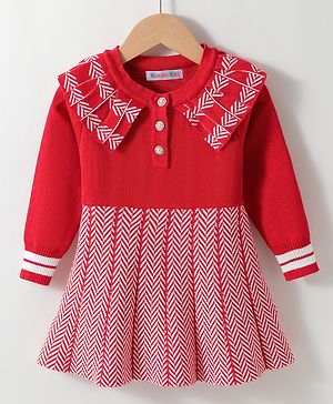 Kookie Kids Full Sleeves Chevron Designed Winter Frock - Red