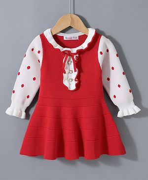 Kookie Kids Full Sleeves Winter Frock Polka Dots Print with Frill Detailing - Red