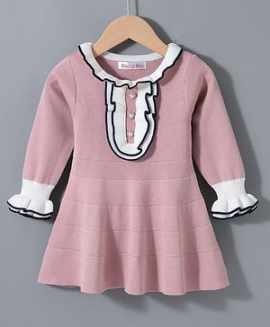 Kookie Kids Full Sleeves Winter Frock with Frill Detailing - Pink