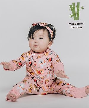 The Plush Club Bamboo Full Sleeves Animals Printed Romper -  Pink