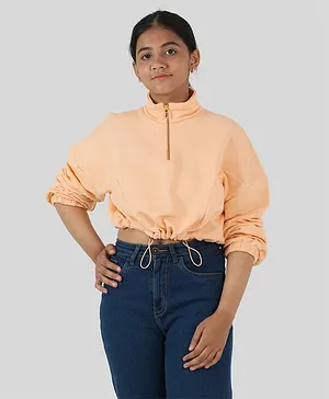 tweeny mini Cotton Full Sleeves Solid Zipper Sweatshirt - Apricot Peach