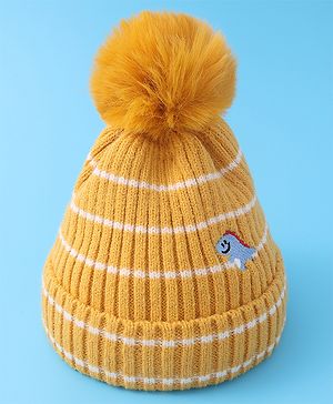 Babyhug Woollen Cap with Dino Embroidery Pom Pom Detailing - Yellow
