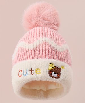 Babyhug Woollen Cap with Bear Text Design & Pom Pom Detailing - Pink