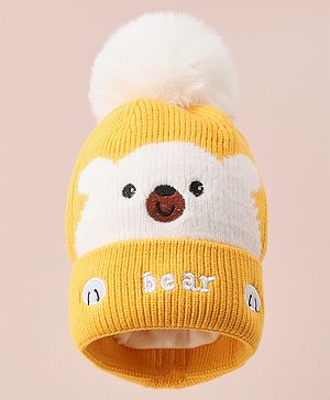 Babyhug Woollen Cap With Bear Design - Yellow